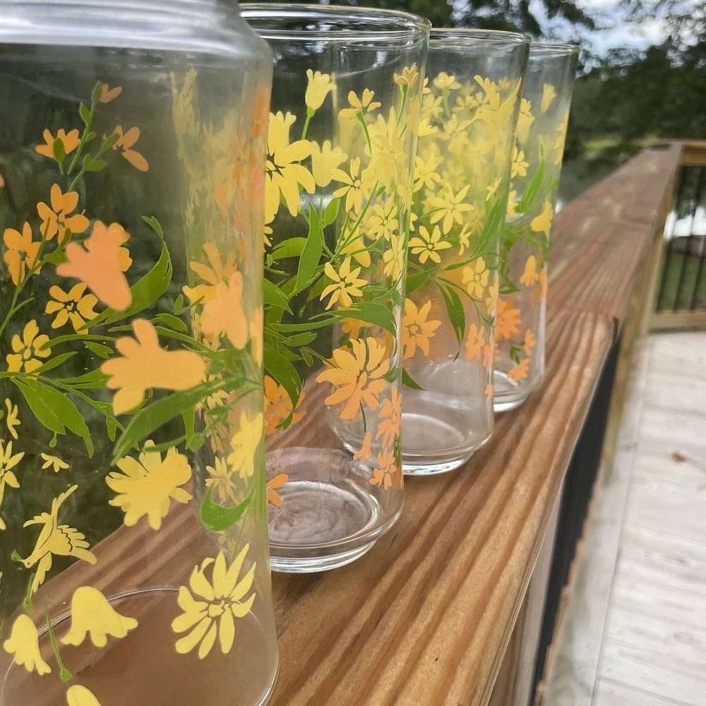 Vintage Hummingbird Floral Drinking Glasses Set 4 Yellow Orange Retro Tumblers